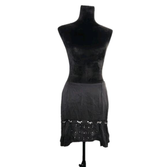 Nwot Coach Ruffled Hem 100% Silk Black Embroidered Mini Skirt With Chain Size 4